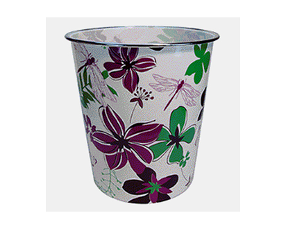 Printed Waste Paper Basket w/Silver Rim - HT=9.65"