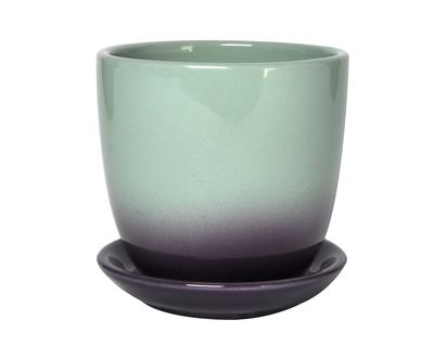 Pot céramique en 2 couleur avec soucoupe - 10.3cm H x 10.1 cm D