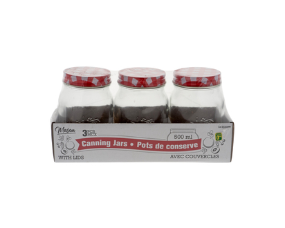 Mason Jars with Checkered Lids, 3 Pack - 500ML