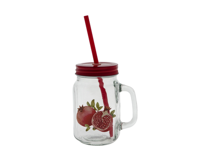 Glass Drinking Jar w/Lid, Handle & Straw - 500ml