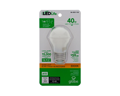 A15 LED Appliance Warm Light Bulb 3000K - A15/3000K/40W