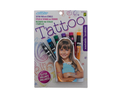 Stylo tatouage coloré a/pochoir, 6pc - 6mcx
