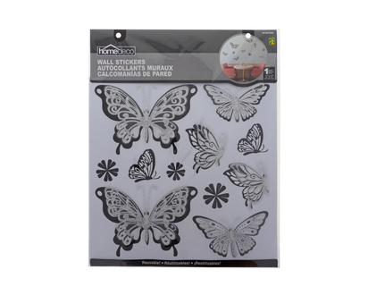 3D Silver Glit. Butterfly Wall Stickers - 12"x12"