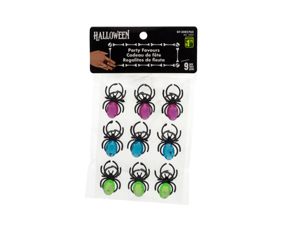 Hween-Plastic Spider Rings With Gem, 9pc - 9ct