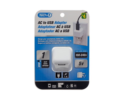 1amp AC To USB Power Adapter - INPUT: 100-240V/50-60HZ//OUTPUT: 5V-1.0A