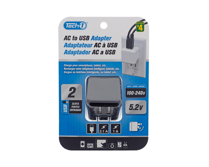 2 Slots AC To USB Power Adapter - 1amp//3.7X3.7X4.1CM