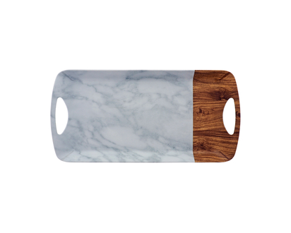 Marble/ Wood Look Mela-Ware Tray - 40.5X 20 X 3CM/  15.9"X7.8"X1.2"