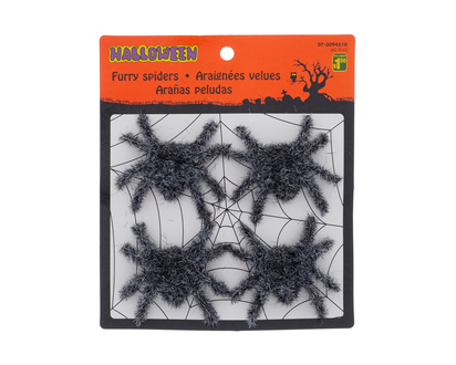 Halloween-Black Furry Spiders, 4pc - 2pk/4pk