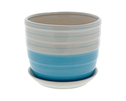 Striped Ceramic Planter With Saucer - 16.2 X 14 CM