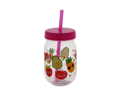 Plastic Drinking Jar W/Decal, Lid&Straw - 18oz/532ml