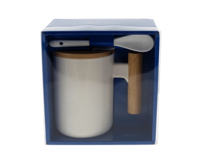 New Bone Mug With Spoon & Bamboo Lid - 360ml